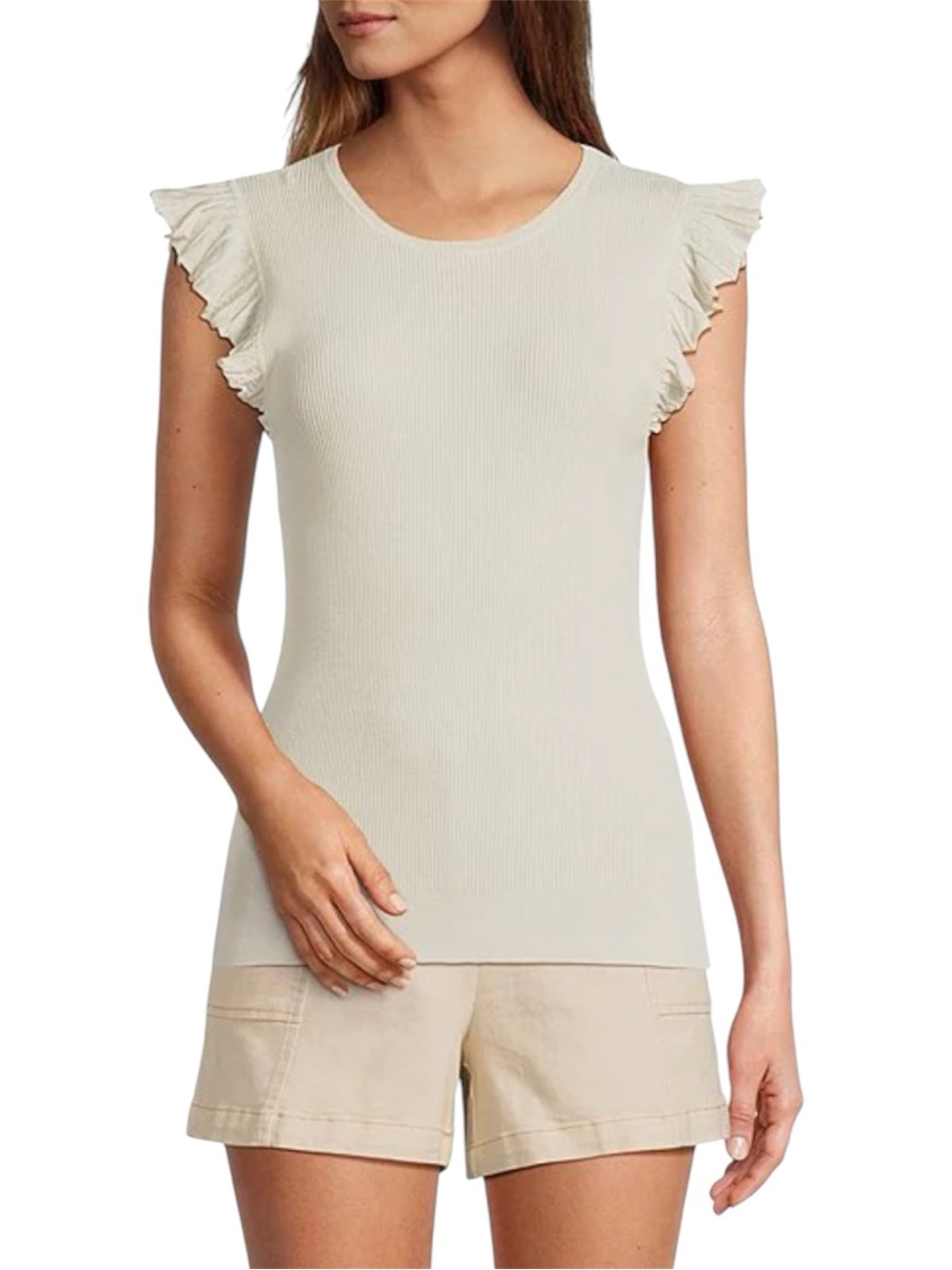 NWT Skies Are Blue Ruffle Crew Neck Cap Sleeve Knit Top - Ivory - XL